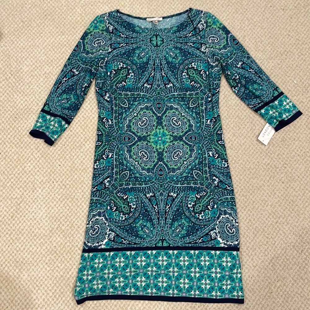 NWT London Style Collection knee length 3/4 sleeve teal patterned dress